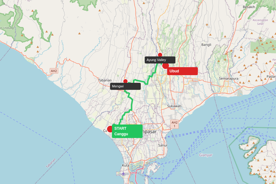 Route map from Canggu to Ubud