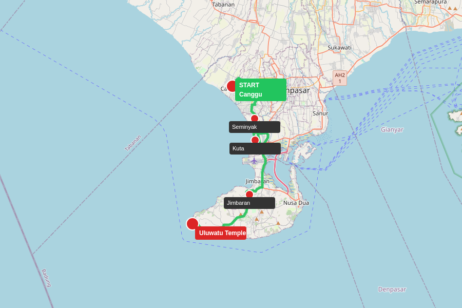 Route map from Canggu to Uluwatu