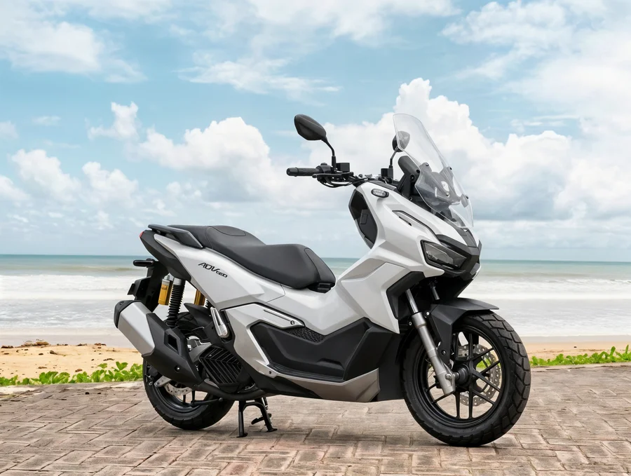 Honda ADV160 automatic adventure-style scooter with tall windscreen, raised stance and broad stepped seat