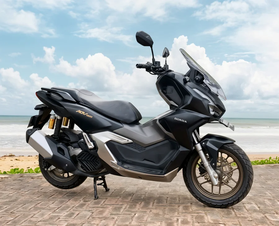 Honda ADV160 automatic adventure-style scooter with tall windscreen, raised stance and broad stepped seat