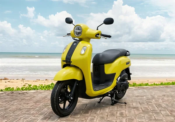 Bright yellow Yamaha Fazzio125 retro-modern automatic scooter with compact step-through body and 12-inch wheels