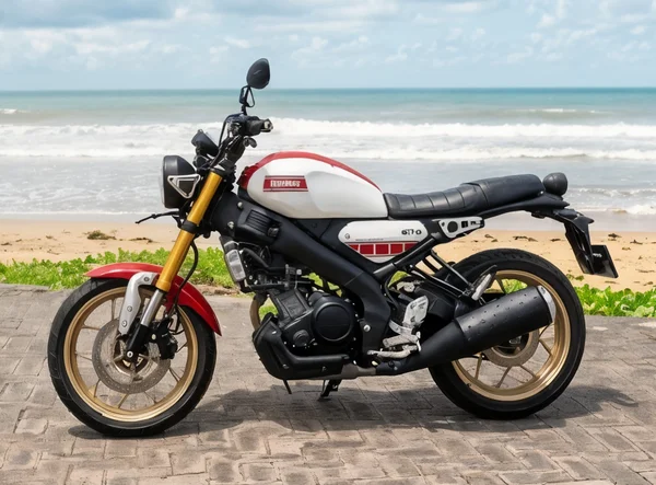 White and red Yamaha XSR155 road-classic motorcycle with round headlamp, flat seat and gold upside-down forks