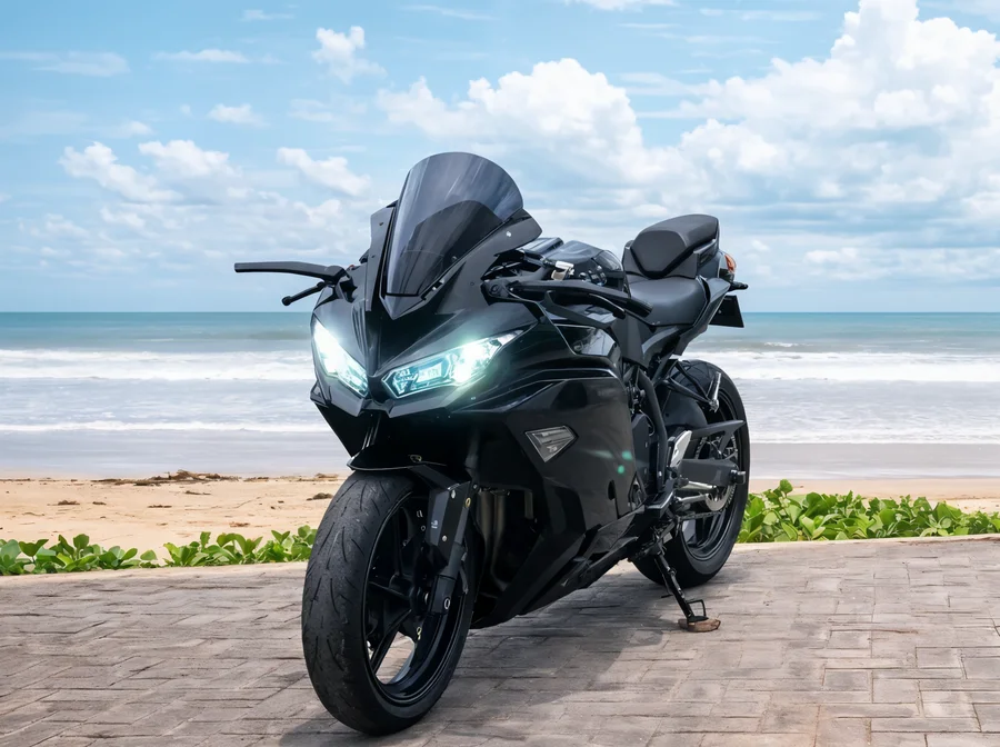 Black Kawasaki Ninja ZX-25RR 250cc inline-four sport bike with full fairings, dark windscreen and raised tail