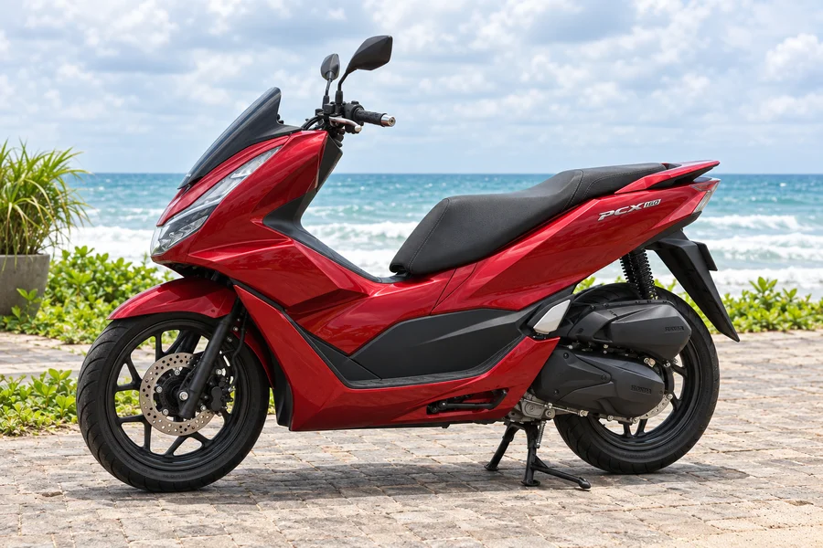 Red Honda PCX160, front-left view, beside the ocean