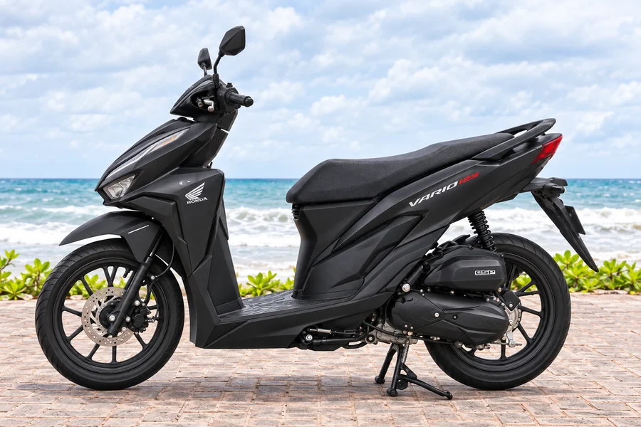 Matte-black Honda Vario125, front-left view, beside the ocean