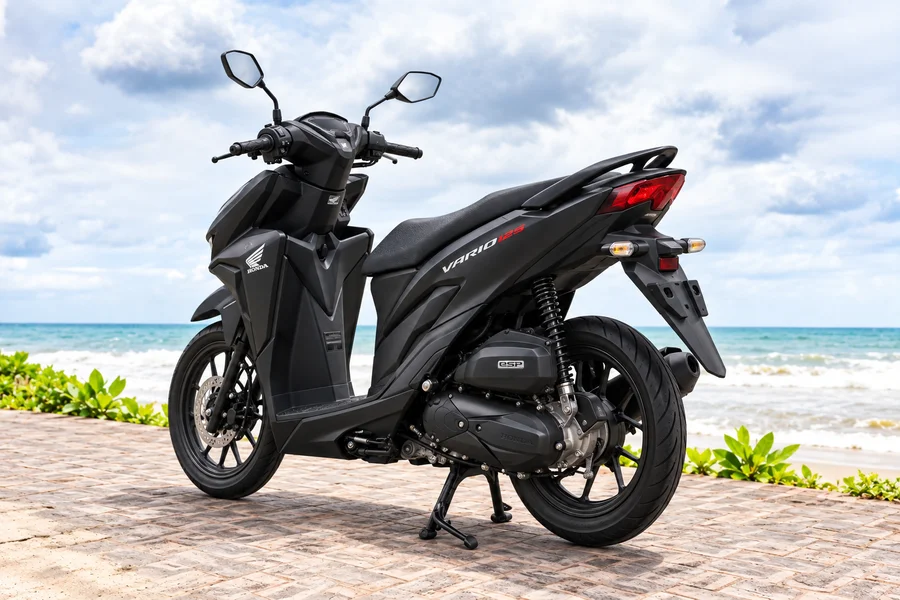 Matte-black Honda Vario125, front-left view, beside the ocean