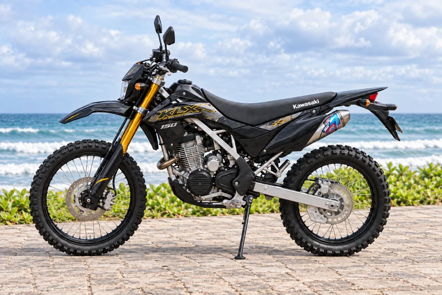 Kawasaki KLX150 Enduro, front three-quarter view