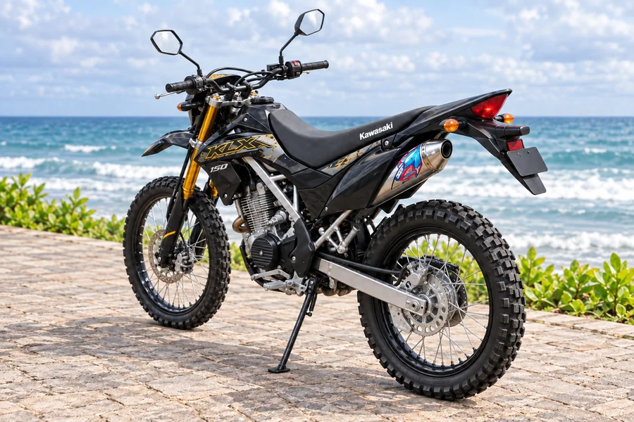 Kawasaki KLX150 Enduro, front three-quarter view