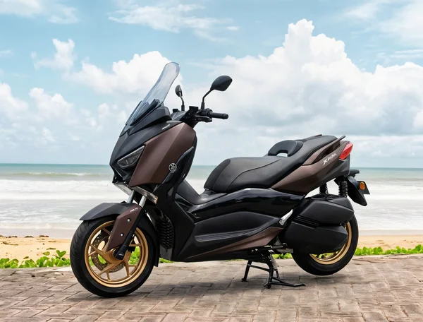 Bronze-grey Yamaha XMAX 250 TECH MAX maxi scooter with gold wheels, tall windscreen and broad stepped seat
