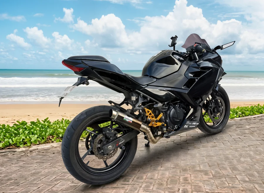 Black Kawasaki Ninja 250 Custom parallel-twin sport bike with full fairings and gold rearset details