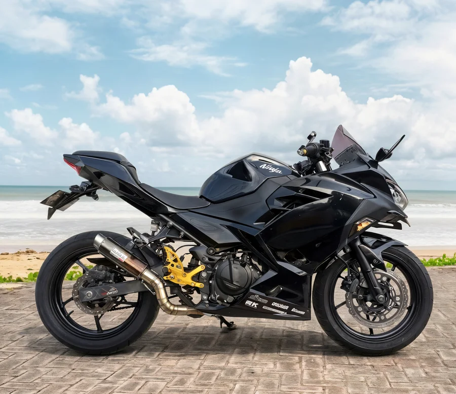 Black Kawasaki Ninja 250 Custom parallel-twin sport bike with full fairings and gold rearset details