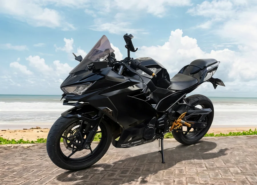 Black Kawasaki Ninja 250 Custom parallel-twin sport bike with full fairings and gold rearset details