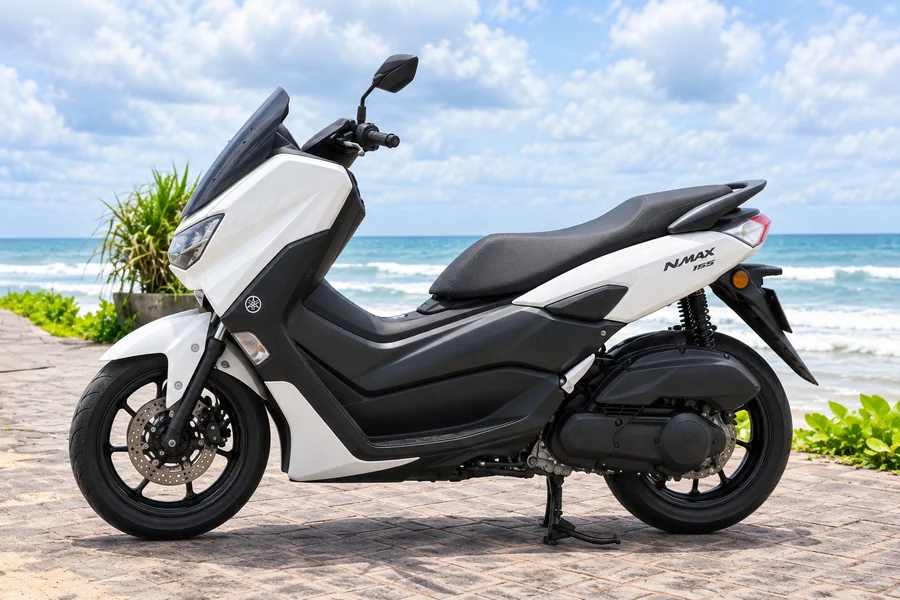 White Yamaha NMAX155, front three-quarter view
