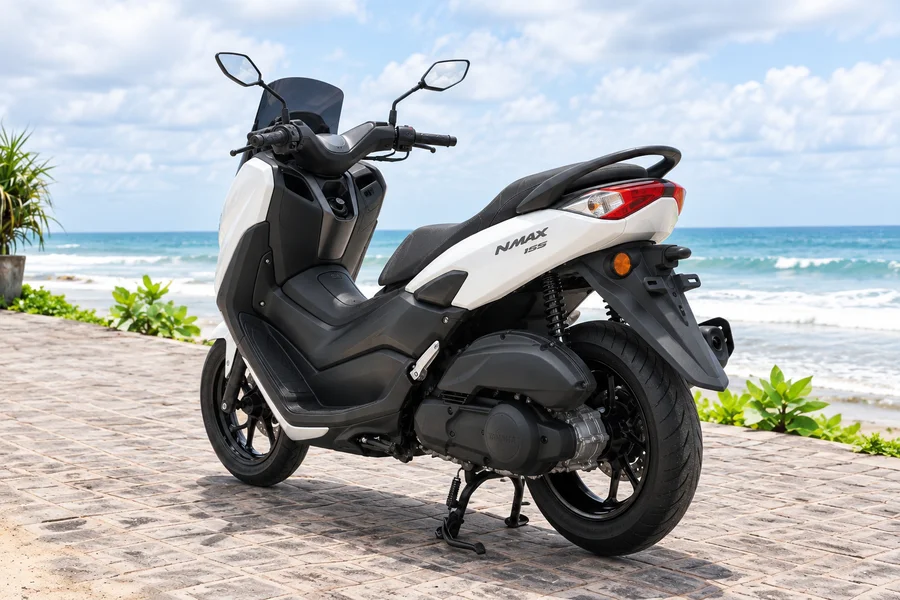 White Yamaha NMAX155, front three-quarter view