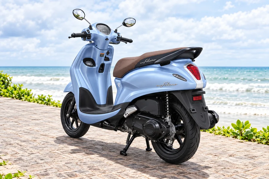 Blue Yamaha Grand Filano125 with brown seat, front-left view, beside the ocean