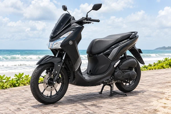 Black Yamaha Lexi 125, front angled view