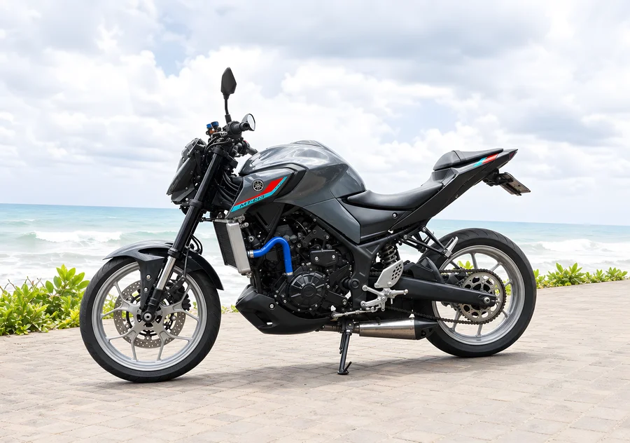 Silver Yamaha MT-25 V2 upright 250cc naked motorcycle with projector headlight and exposed engine