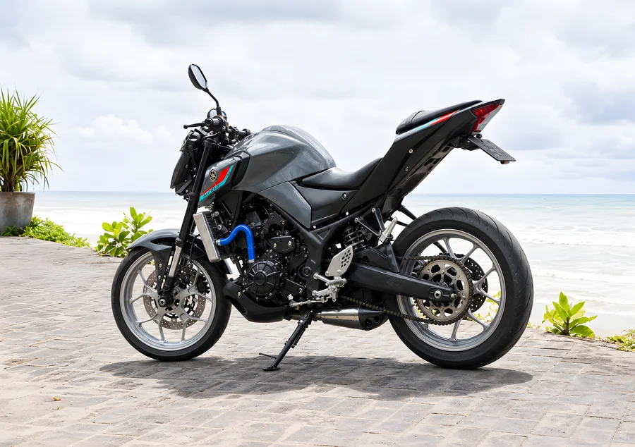 Silver Yamaha MT-25 V2 upright 250cc naked motorcycle with projector headlight and exposed engine