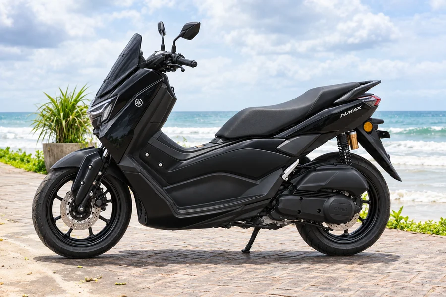 Black Yamaha NMAX155 Neo, front-left view, beside the ocean