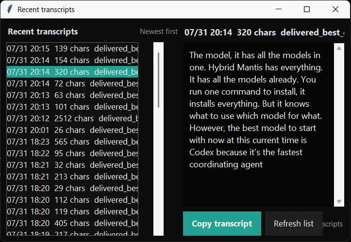 VoiceDictation saved transcripts and copy controls on Windows