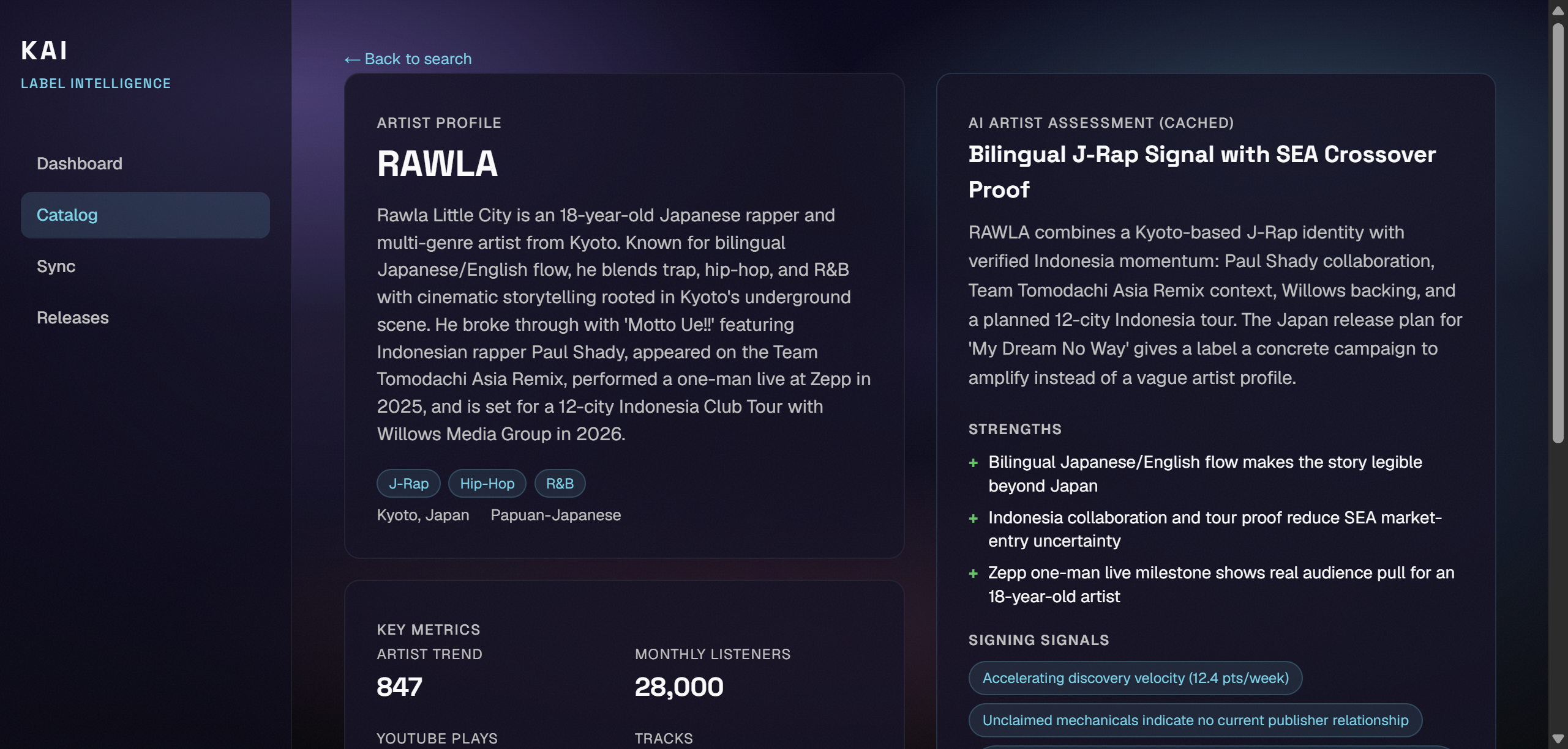 Seenstage label demo showing an artist profile and the reasons for a match