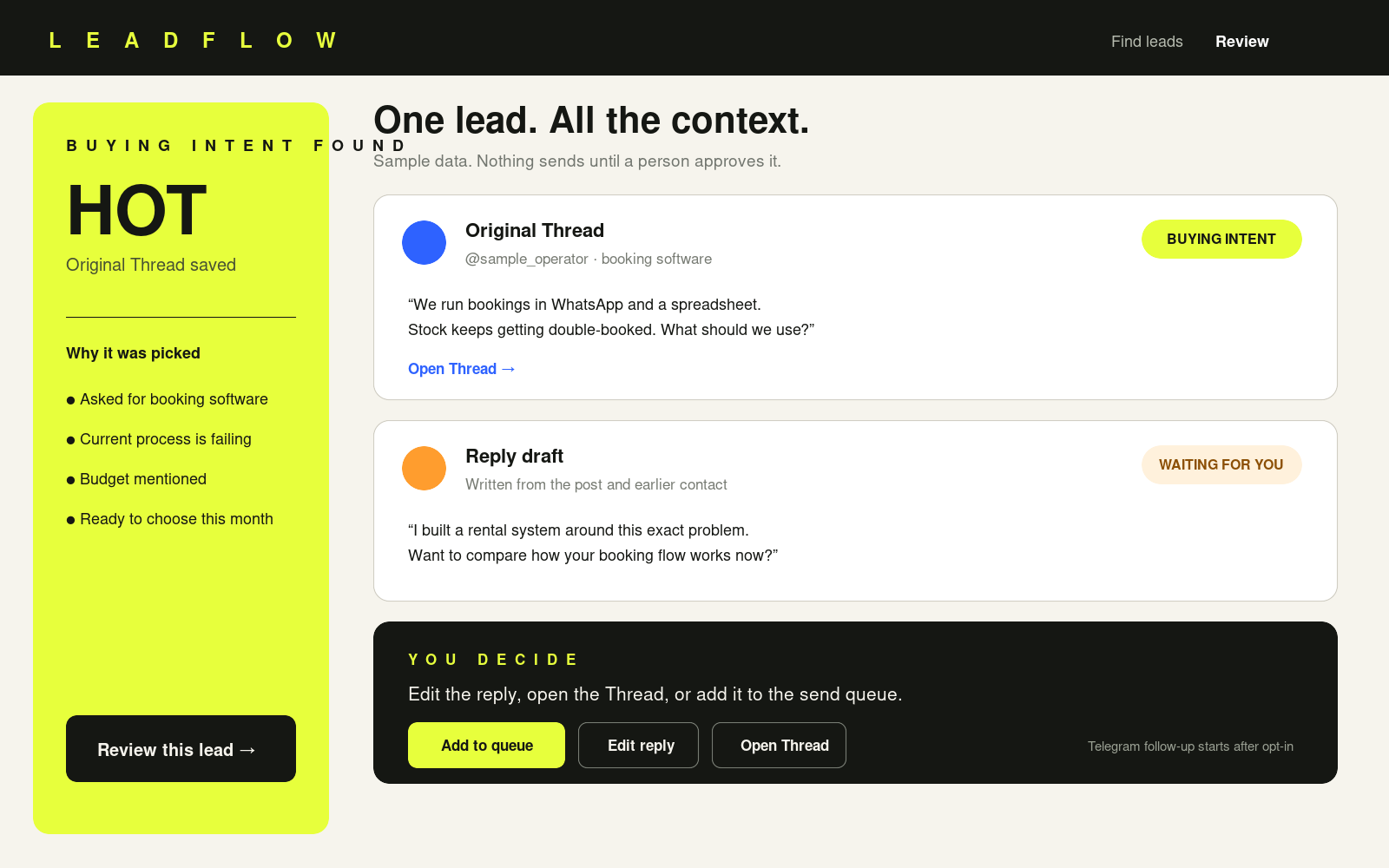 Leadflow interface concept with a customer conversation and draft reply