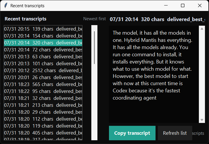 VoiceDictation saved transcripts and copy controls on Windows
